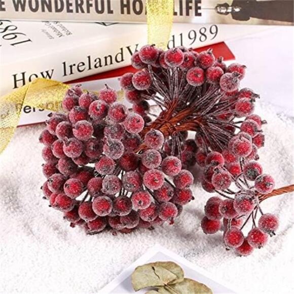 400 Pcs Dark Red Berries Stems 12 mm Artificial Frosted...
